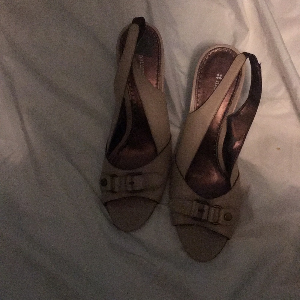 Open toe taupe heels